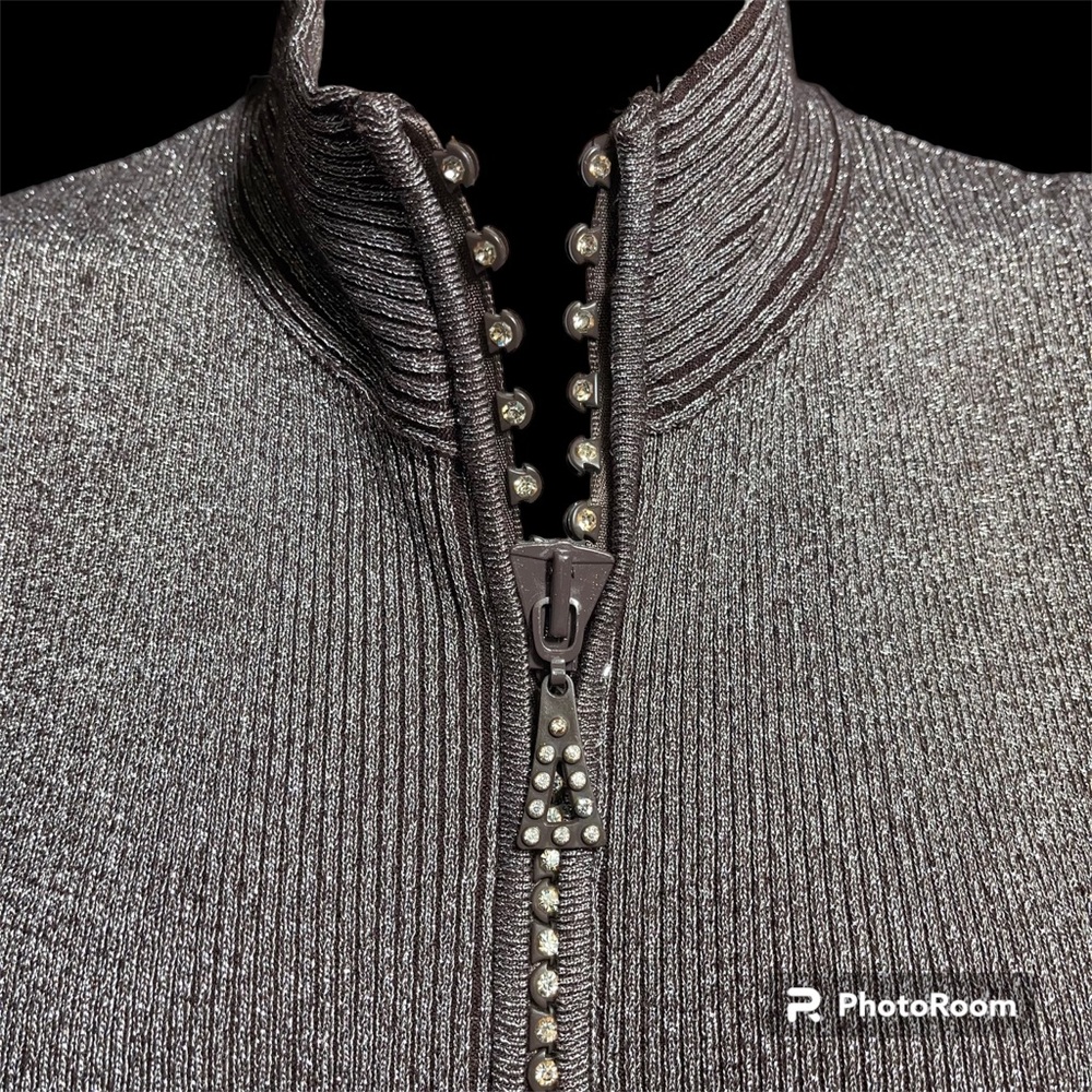 Metallic Jeweled Zipper Gray Stretchy Mock Turtleneck by Magic Scarf Co